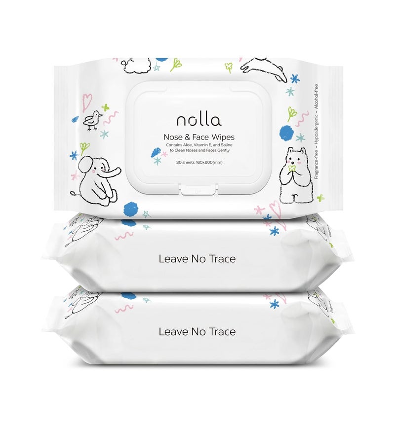 Nolla Nose and Face Wipes for Babies & Kids with Saline, Vitamin E, & Aloe | Unscented | Compostable, 90 Count (3 Packs of 30) - Image 1